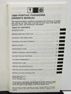 1984 Pontiac Owners Manual Parisienne Care & Operation Original