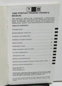 1985 Pontiac Owners Manual Firebird Trans Am Care & Operation Original