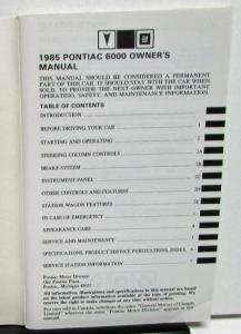 1985 Pontiac Owners Manual 6000 Care & Operation Original