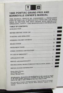 1985 Pontiac Owners Manual Grand Prix Bonneville Care & Operation Original