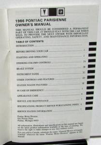 1986 Pontiac Owners Manual Parisienne Care & Operation Original