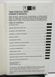 1986 Pontiac Owners Manual 6000 Care & Operation Original