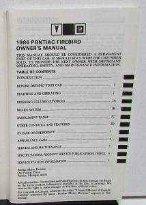1986 Pontiac Owners Manual Firebird Trans Am Care & Operation Original