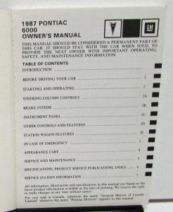 1987 Pontiac Owners Manual 6000 Care & Operation Original