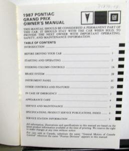 1987 Pontiac Owners Manual Grand Prix Care & Operation Original