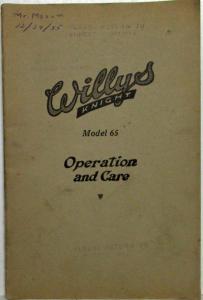 1925 Willys Knight Model 65 Owners Manual Operation and Care Original