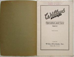 1925 Willys Knight Model 65 Owners Manual Operation and Care Original