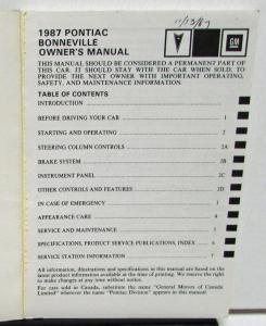 1987 Pontiac Owners Manual Bonneville Care & Operation Original