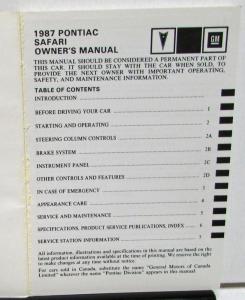 1987 Pontiac Owners Manual Safari Care & Operation Original