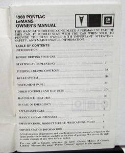 1988 Pontiac Owners Manual LeMans Care & Operation Original