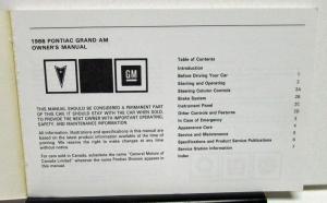 1988 Pontiac Owners Manual Grand Am Care & Operation Original