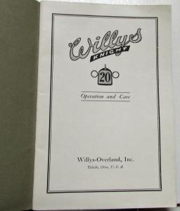 1920 Willys Knight Twenty Owners Manual Operation and Care Original