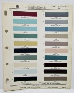 1961 Lincoln Continental Color Paint Chips Ditzler Pittsburgh Plate Glass Co