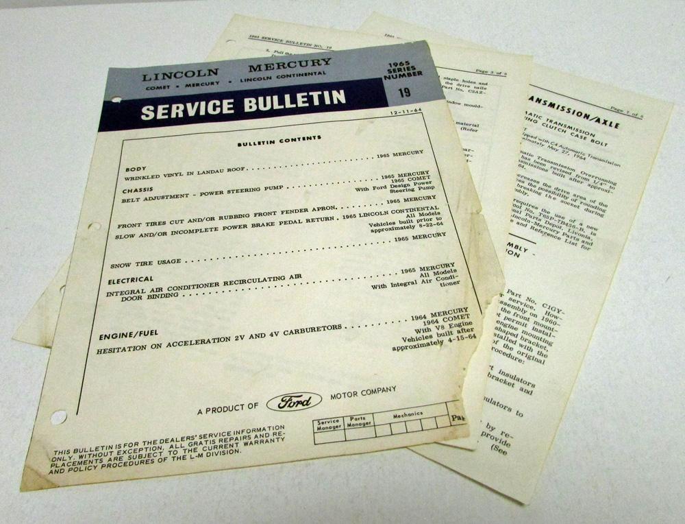 1965 Lincoln Service Bulletin 12-11-64 Series Number 19