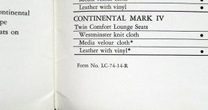 1974 Lincoln Continental Mark IV REVISED Sales Brochure Original