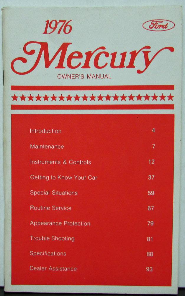 1976 Mercury Full Size Passenger Car Owners Manual Original