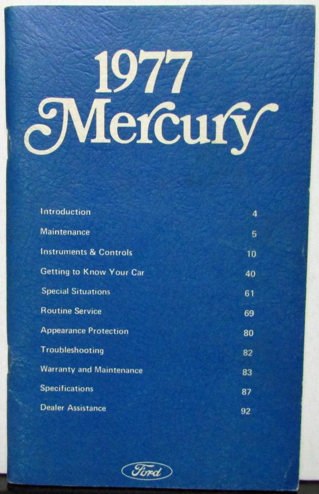 1977 Mercury Full Size Passenger Car Owners Manual Original