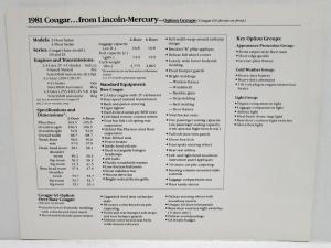 1981 Mercury Lynx and Cougar Data Sheets with Cover