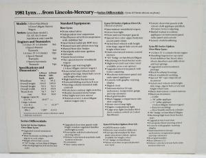 1981 Mercury Lynx and Cougar Data Sheets with Cover
