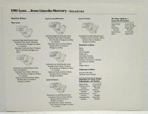 1981 Mercury Lynx and Cougar Data Sheets with Cover