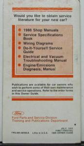 1986 Mercury Lynx Owners Manual Original