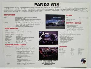 2000 Panoz GTS Introduction Data Specification Sheet Cardstock Original