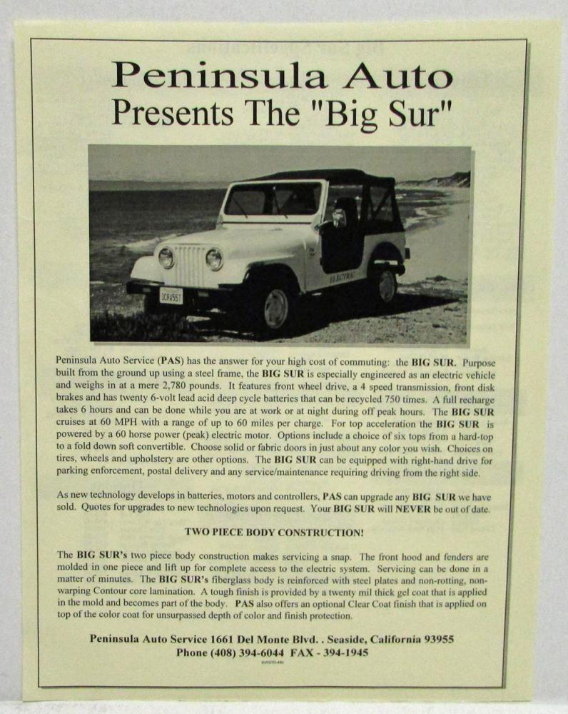 1986 Peninsula Auto Service (PAS) Big Sur Electric Jeep Like Vehicle Spec Sheet