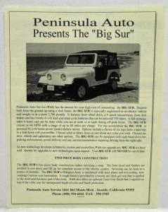 1986 Peninsula Auto Service (PAS) Big Sur Electric Jeep Like Vehicle Spec Sheet