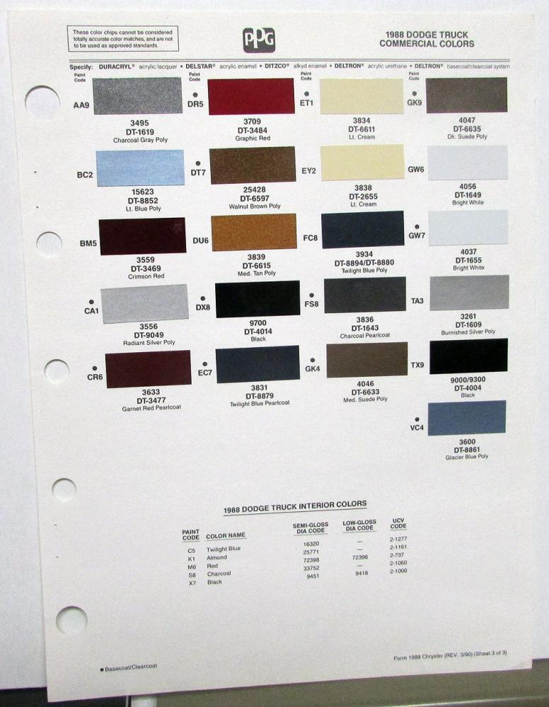 1988 Dodge Truck Color Paint Chips By PPG Sheet Original
