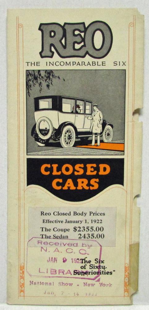 1922 REO Six Closed Coupe Sedan Cars Abridged Specs Sales Brochure Folder Orig