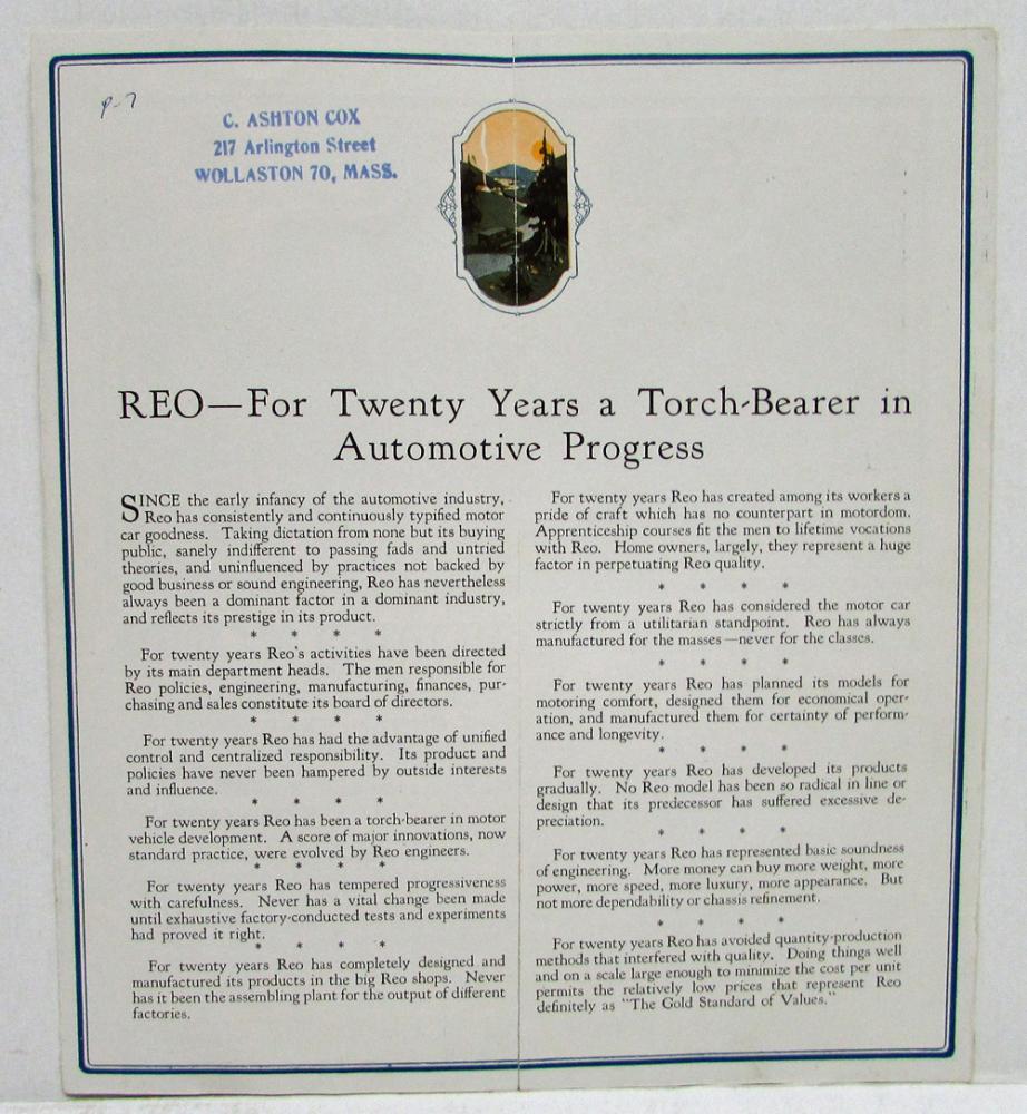 1925 REO Sedan Coupe Brougham Touring Passenger Cars Sales Brochure