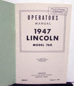 1947 Lincoln Model 76H Owners Manual Care & Operations Maintenance Original