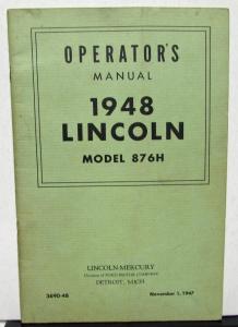 1948 Lincoln Model 876H Owners Manual Care & Operations Maintenance Original