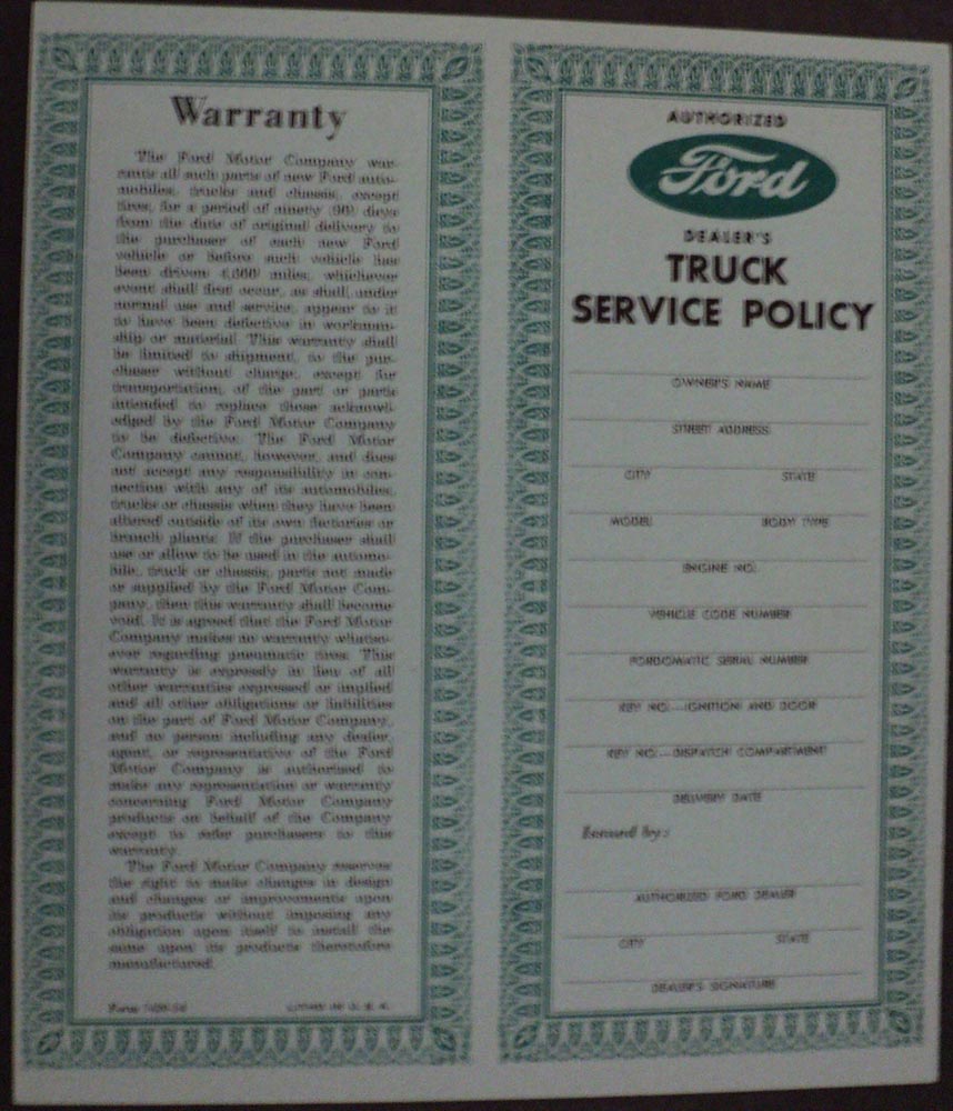 1954 Ford Delivery Inspection Service Policy Form ORIGINAL