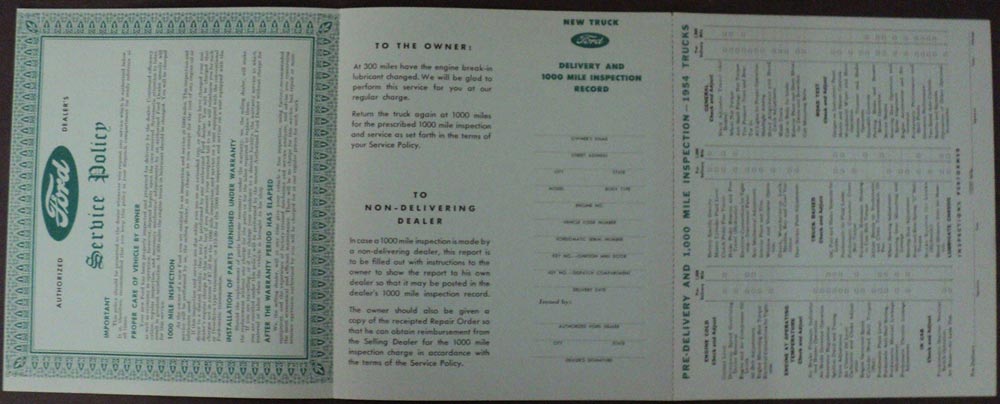 1954 Ford Delivery Inspection Service Policy Form ORIGINAL