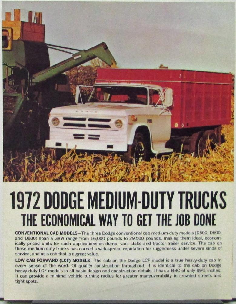 1972 Dodge Medium Duty Trucks D 500 600 800 Models Data Sheet With Specs Orig