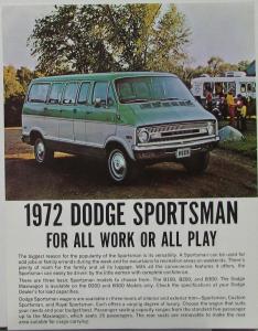 1972 Dodge Sportsman Wagon B 100 200 300 Models Data Sheet With Specs Orig
