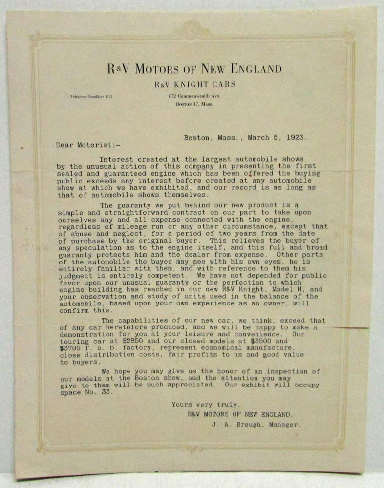 1923 R&V Knight Model H Letter Sales Brochure Boston Auto Show Original