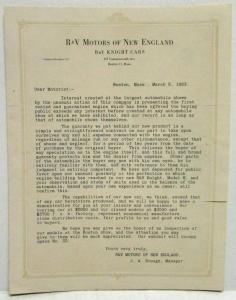 1923 R&V Knight Model H Letter Sales Brochure Boston Auto Show Original