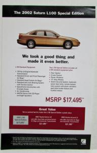 2002 Saturn Vue & L100 Special Edition Sales Sheets with Prices Original