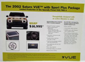 2002 Saturn Vue & L100 Special Edition Sales Sheets with Prices Original