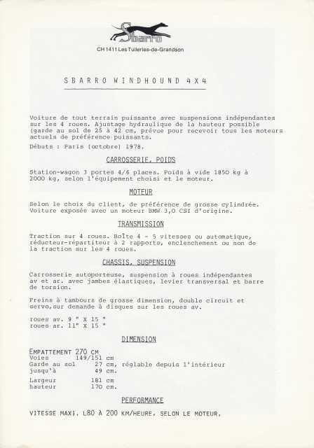1979 Sbarro Windhound S4X4 Photo Spec Data Sheet French Text Original