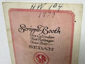 1922 Scripps Booth 6 Cyl 5 Passenger 4 Door Sedan Sales Brochure Folder Original