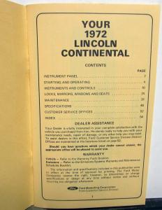 1972 Lincoln Continental Owners Manual Care & Operation Original