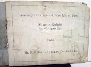 1922 Stearns Knight 4 Cylinder Cars Assembly Drawings & Price List of Parts Orig
