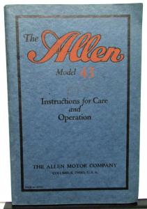 1920-23 Allen Model 43 Owners Manual Care & Operation Service Original Rare Nice