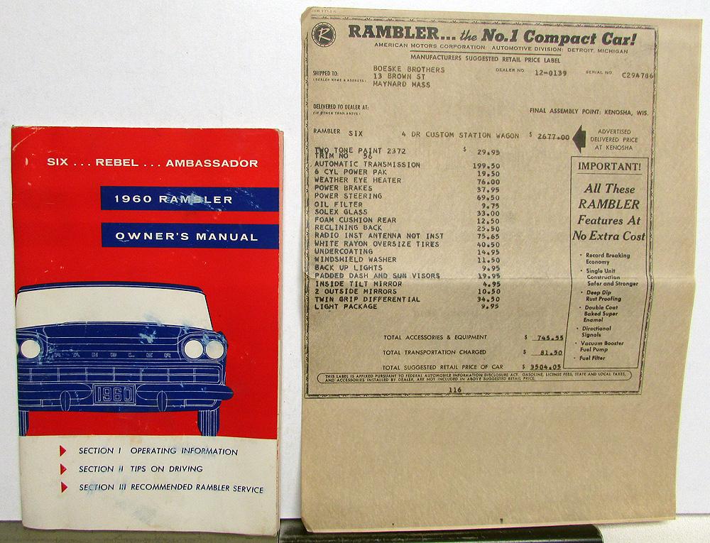 1960 AMC Rambler Rebel Ambassador Owners Manual Care & Operation Original