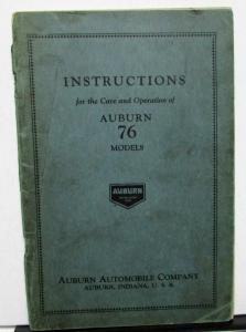 1928 Auburn 76 Models Owners Manual Instruction Book Care Operation Original