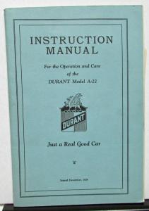 1925 Durant A-22 Owners Manual Instruction Care & Operation Original