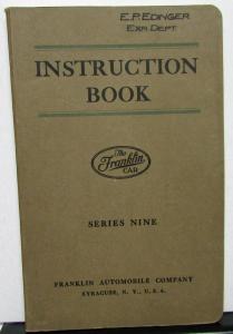 1922 Franklin Series Nine Owners Manual Care & Operation Maintenance Original